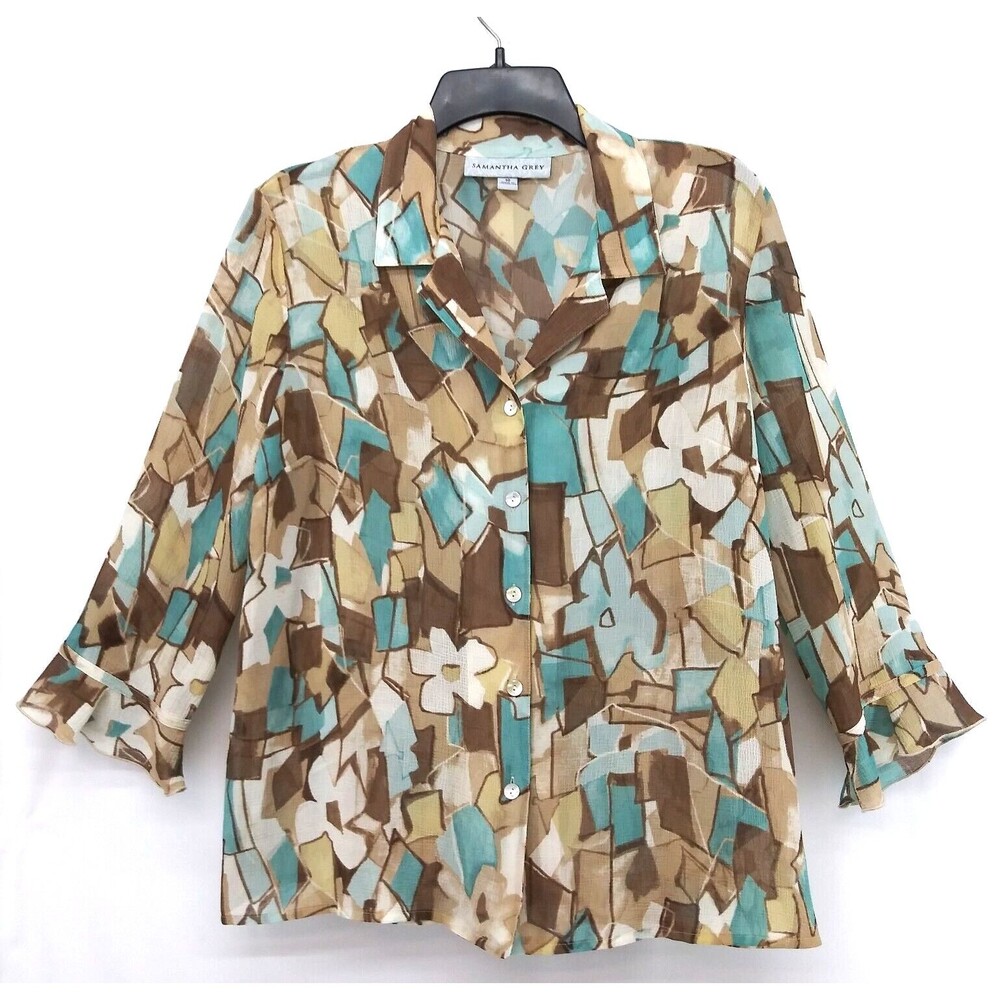 Samantha Grey Shirt Womens Size 10 Brown 3/4 Sleeve Sheer Casual Button Up